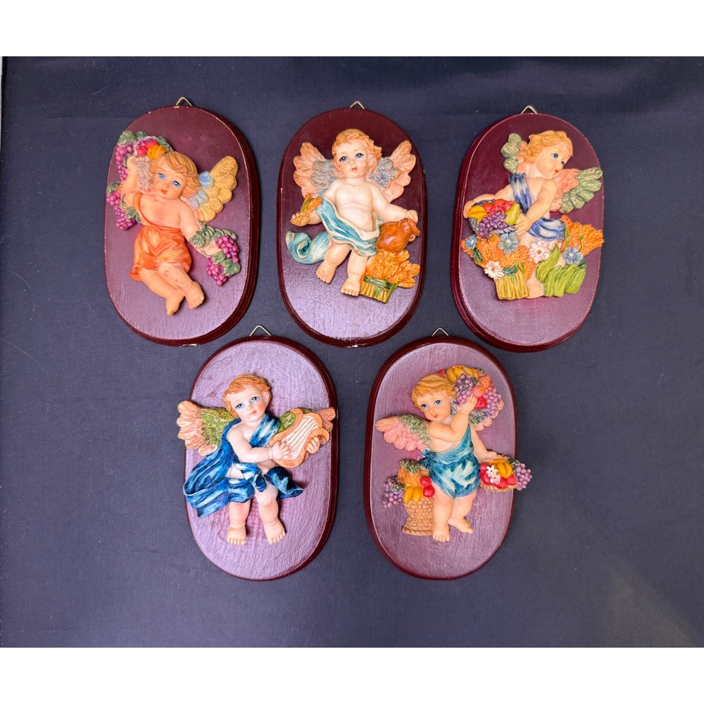 Vintage Cherub Angel Wall Plaques Set of 5 3D Relief Wood Base‎ Burgundy Decor